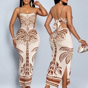 Elegant Cream and Brown Patterned Dress